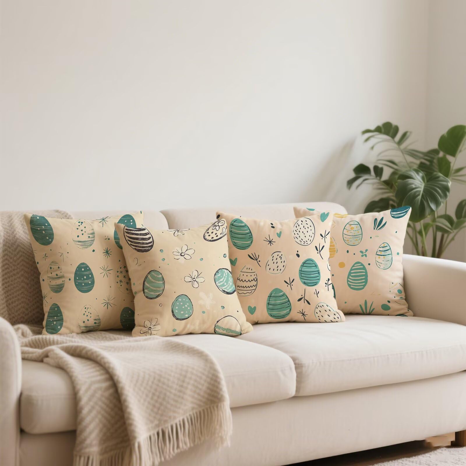 Federa Cuscino 70 x 70 Turchese Copricuscino Divano Decorativi Set di 4 Estate Lino Esterno Impermeabili Cuscini Beige per Soggiorno Camera Letto Balcone Giardino Casa Decorazione Fodere Cuscini F-762
