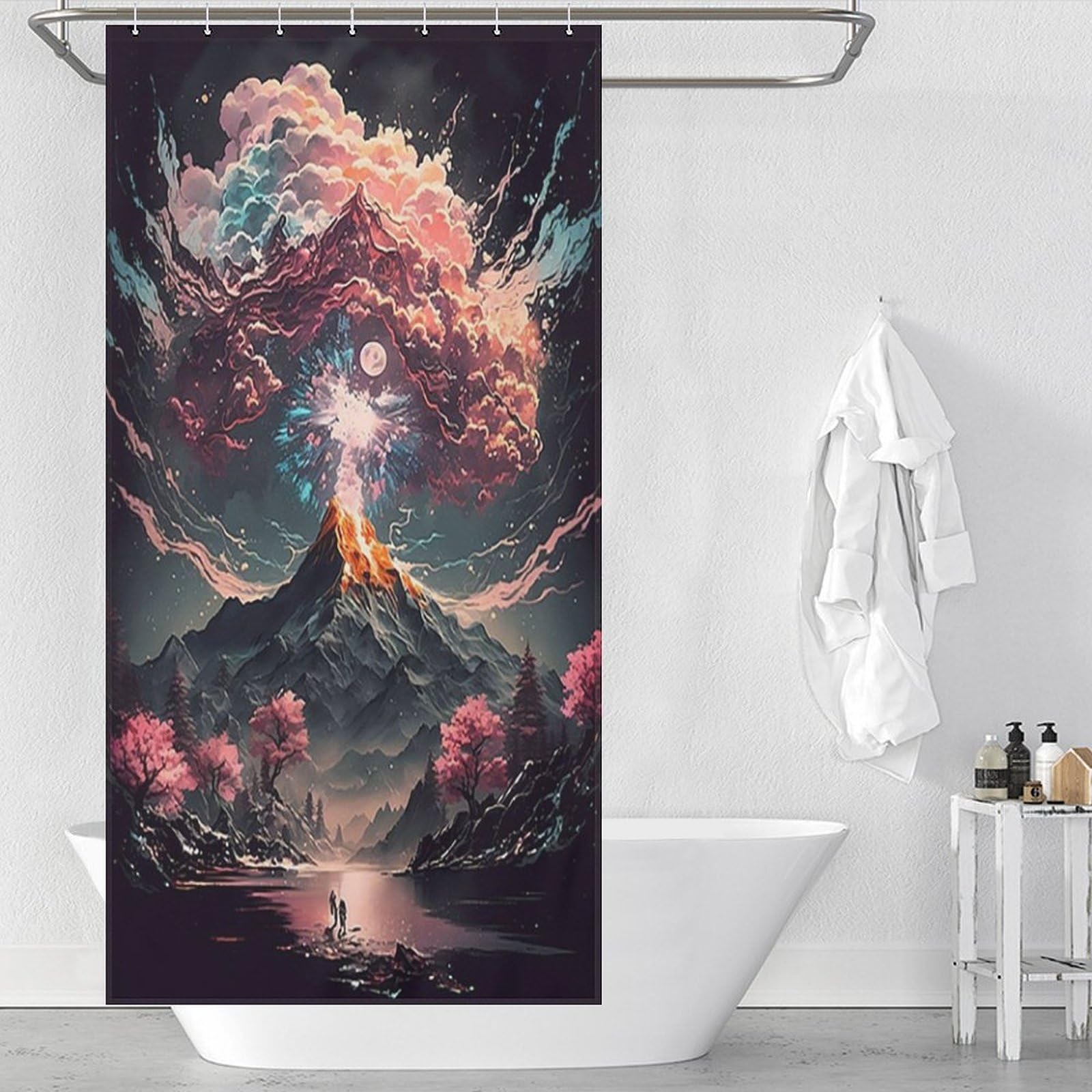 Rideau de douche imperméable motif japonais cerisier lavable et facile à nettoyer avec crochets