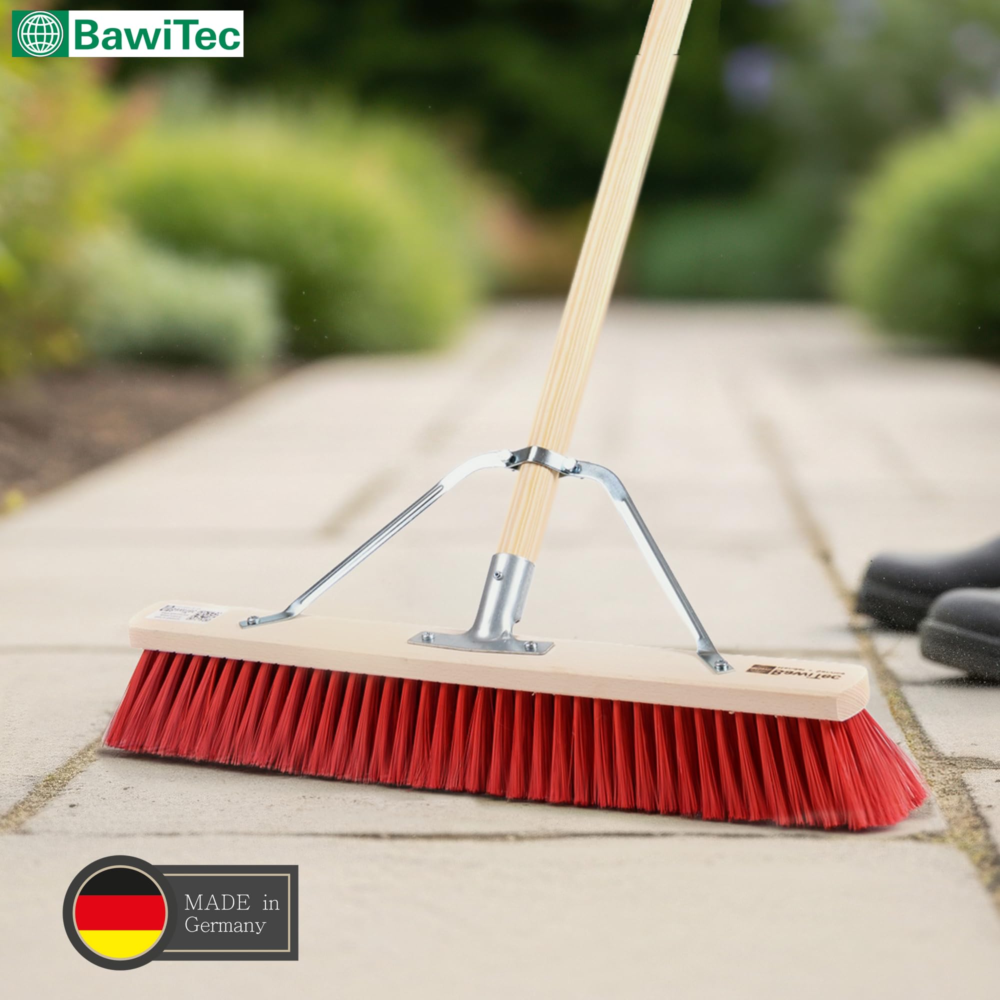 Profi Besen Straßenbesen 80cm mit Stiel 160cm Holzstiel rote Borsten Stabi | Spezieller Stielstabilisator/Zusatzhalterung, Besenstiel Ø28mm, Robuste Dichte Kunststoff-Borsten