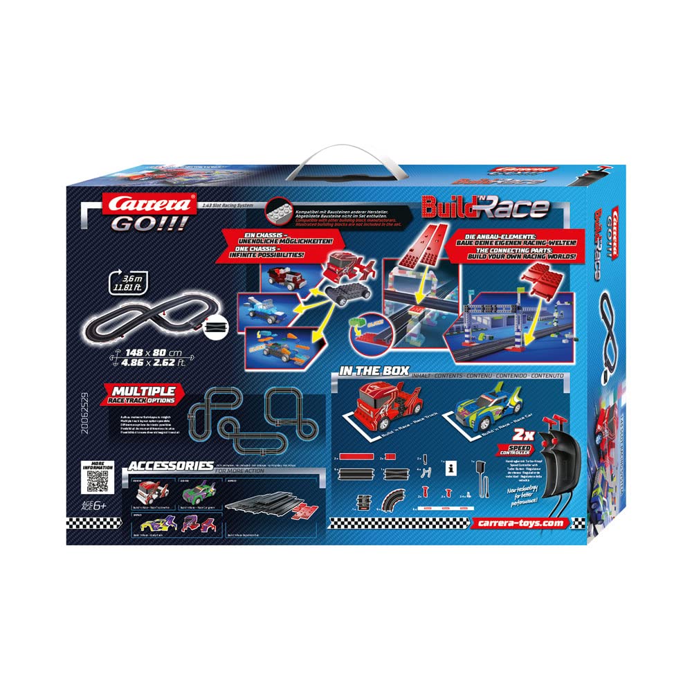 Carrera GO!!! Build 'n Race zestaw torów wyścigowych dla dzieci od 6 lat i dorosłych, 3,6 m, elektryczny tor wyścigowy z 2 regulatorami ręcznymi, kompatybilny z innymi producentami klocków, prezenty