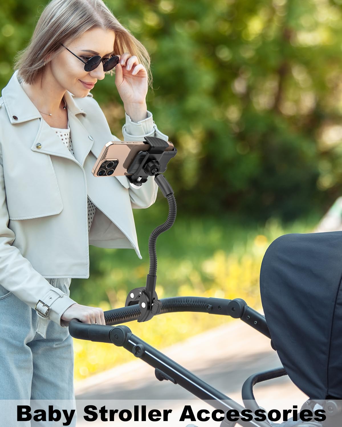 Charchendo Rollstuhl- und Kinderwagen-Handyhalterung mit flexiblem Schwanenhals-Arm, sichere, rutschfeste Lenkerhalterungsklemme, passend für 16, 15, 14, 13, 12 Pro Plus Max Mini und 10,2–17,8 cm
