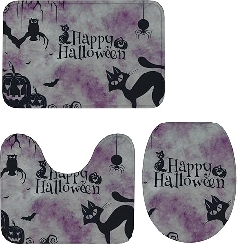Miniatura 9 de Decoración de Halloween, juego de 3 piezas de alfombras de baño de calabazas, gato negro, murciélagos, alfombra de baño antideslizante, alfombra de