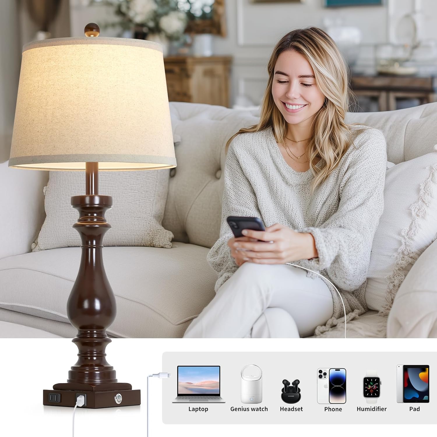 29" Farmhouse Brown Table Lamp for Living Room Set of 2,Vintage Bedside Nightstand Lamps with USB C+A Ports & AC Outlet,3-Way Dimmable Touch Retro Lamp for Bedroom,Dark Brown