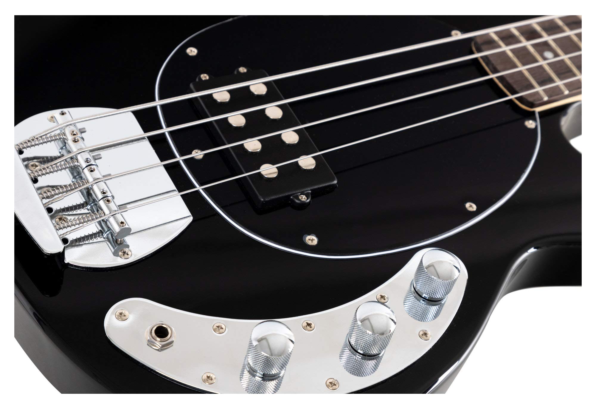 Rocktile MB-4 BK E-Bass Super Set - Body: Linde, Hals: Ahorn - 2 Single Coil-Pickups im Humbucker-Format - Inklusive Amp, Gigbag, Tuner, Gurt, Ständer, Kabel und Schule - Schwarz