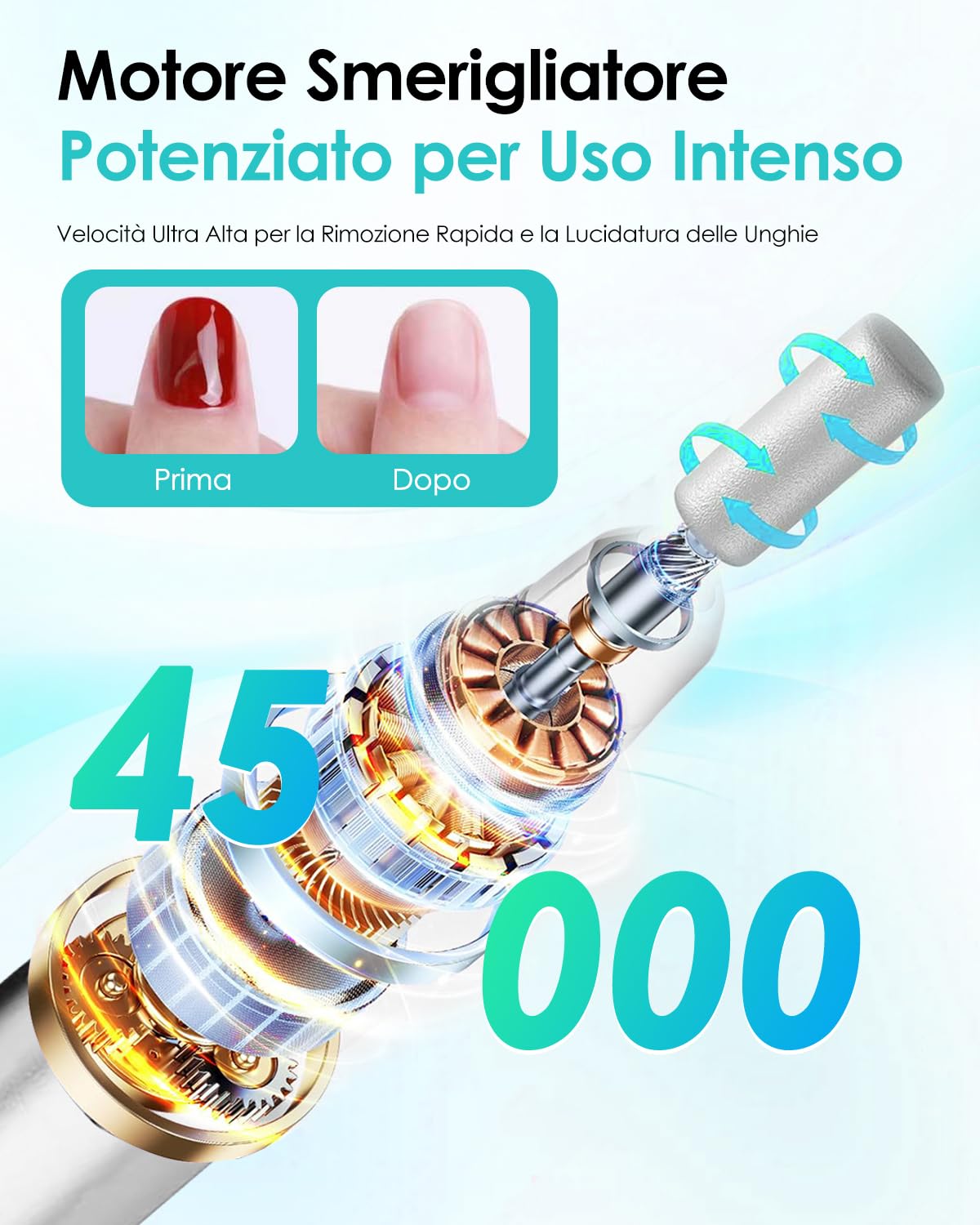CozyZen Lima per Unghie Elettrica, Trapano Professionale a Filo con 35.000 RPM, Pedale, 6 Frese, Display LED e Controllo Velocità per Casa e Salon（Bianco）