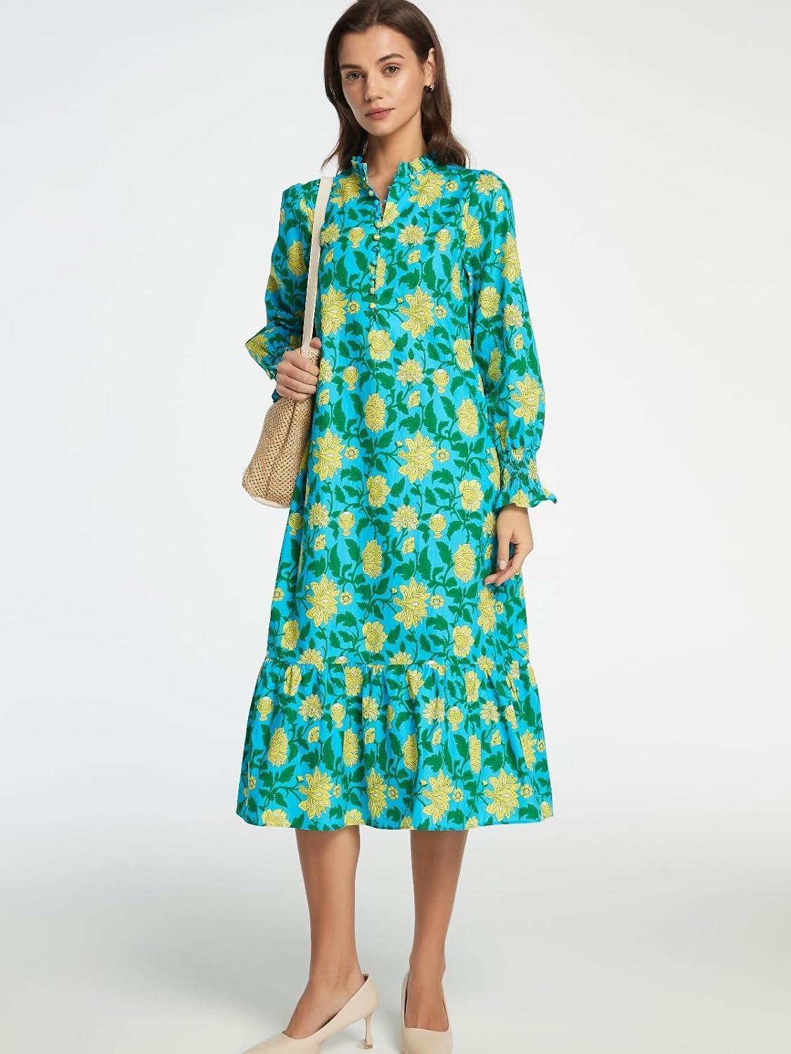 Women Fall Dresses 2025 Casual Puff Long Sleeve Mock Neck Midi Dress Floral Long Dress - Image 6