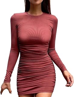Vestido de Manga Larga de Moda de Color sólido con Cuello en V Vestido Casual Tejido Sexy Cuello Redondo Vestido de Fondo Delgado Características: Vestidos Cocktail Mujer