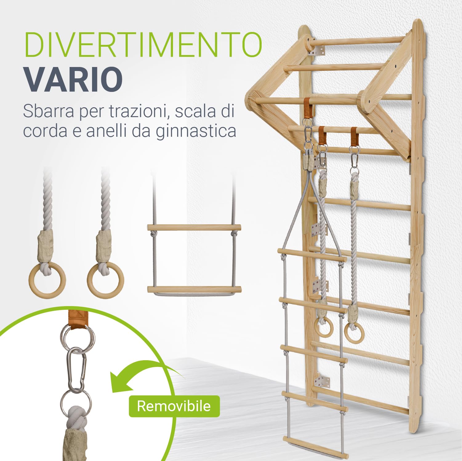 Juskys spalliera per bambini - con barra di trazione, struttura di arrampicata per interni con anelli ginnici e scala di corda, parete di arrampicata per la stanza dei bambini, barra ginnica