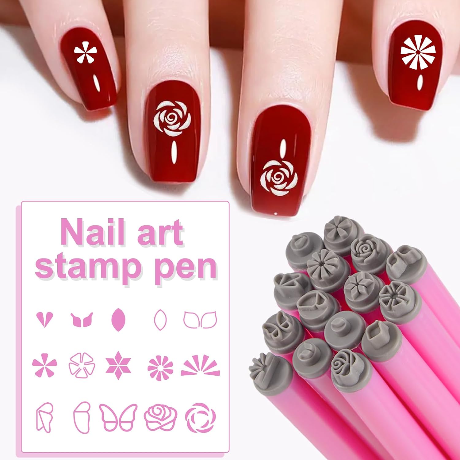 15pcs Nail Art Stamp Pen Set Flower Leaf Butterfly Patterns Nail Art Stamps Pen Manicure Graffiti Tools Nail Art Pens for Women Girls