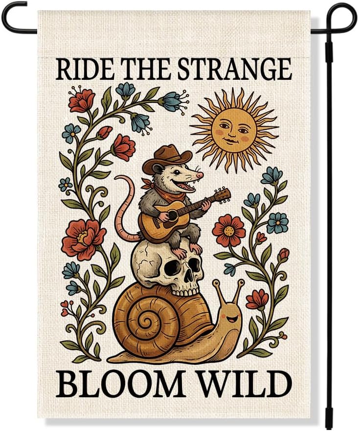 RZHV Ride The Strange Bloom Wild Double-Sided Garden Flag for Outdoor House Yard Sign Garden Decor Parade, Funny Opossum Snail Flowers Home Outdoor Banner Decoration, Motivational Lawn Patio Yard Sign