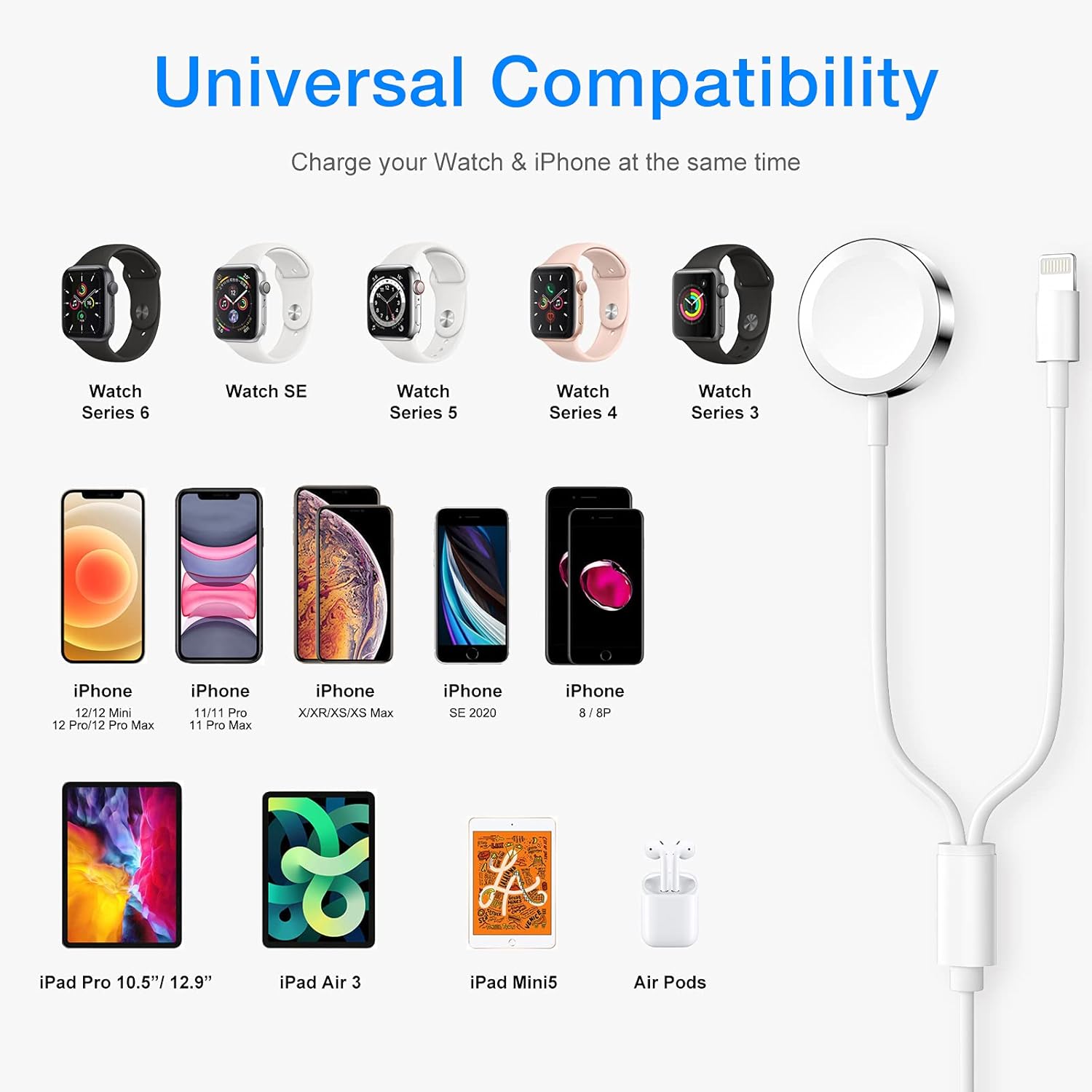 2 Pack Smart Watch Charger, 2 in 1 Wireless Magnetic USB Charging Cable Compatible with Apple Watch Series SE/6/5/4/3/2/1 iOS 6.0 & iPhone 12/11/Pro/Max/XR/XS/XS Max/X& iPad Series(4 FT/1.2M) : Cell Phones & Accessories
