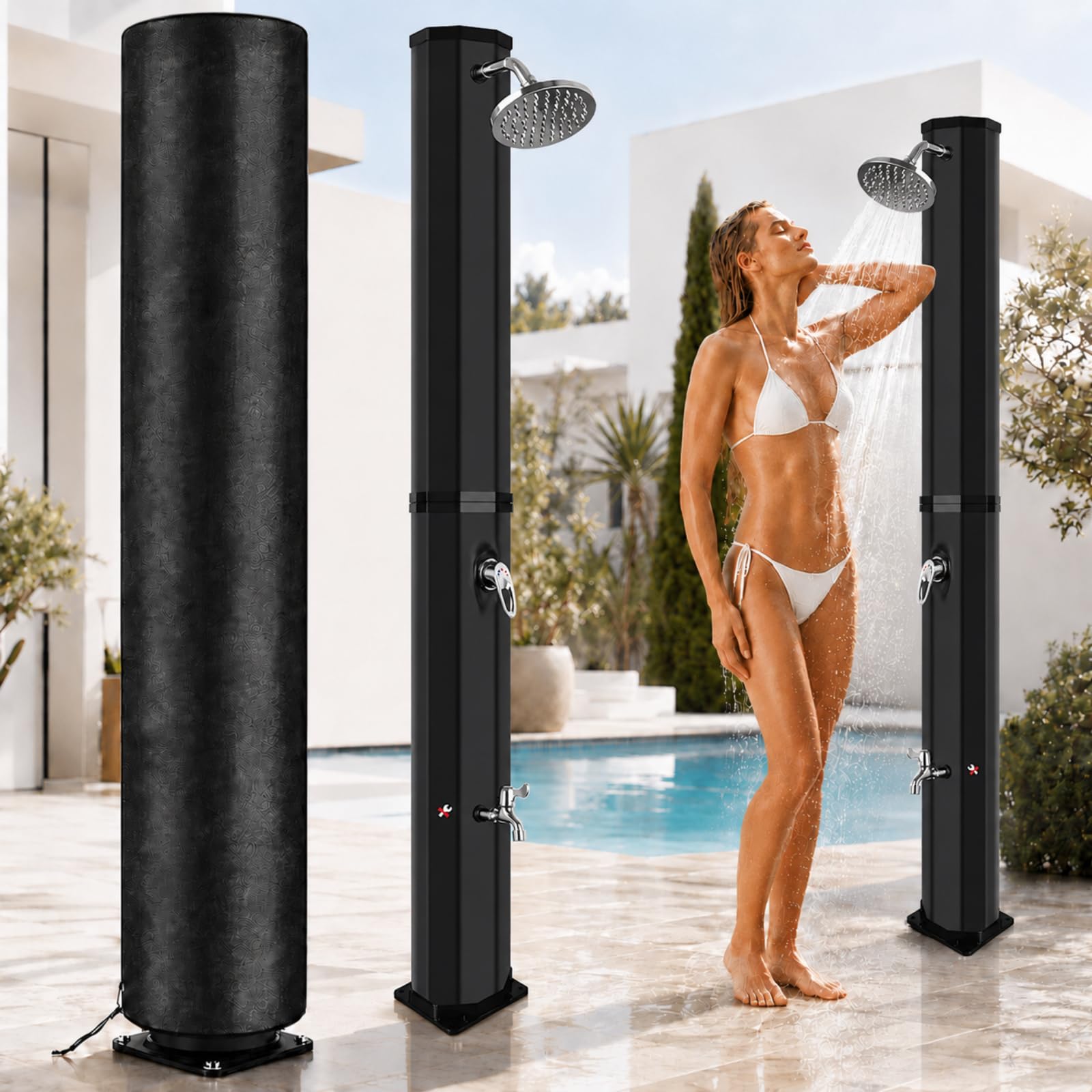 Doccia Solare da Giardino 60 Litri con Custodia Protettiva - Doccia da Esterno con Soffione a Pioggia Regolabile, Rubinetto, Regolazione della Temperatura e Pressione, Doccia Piscina Esterno