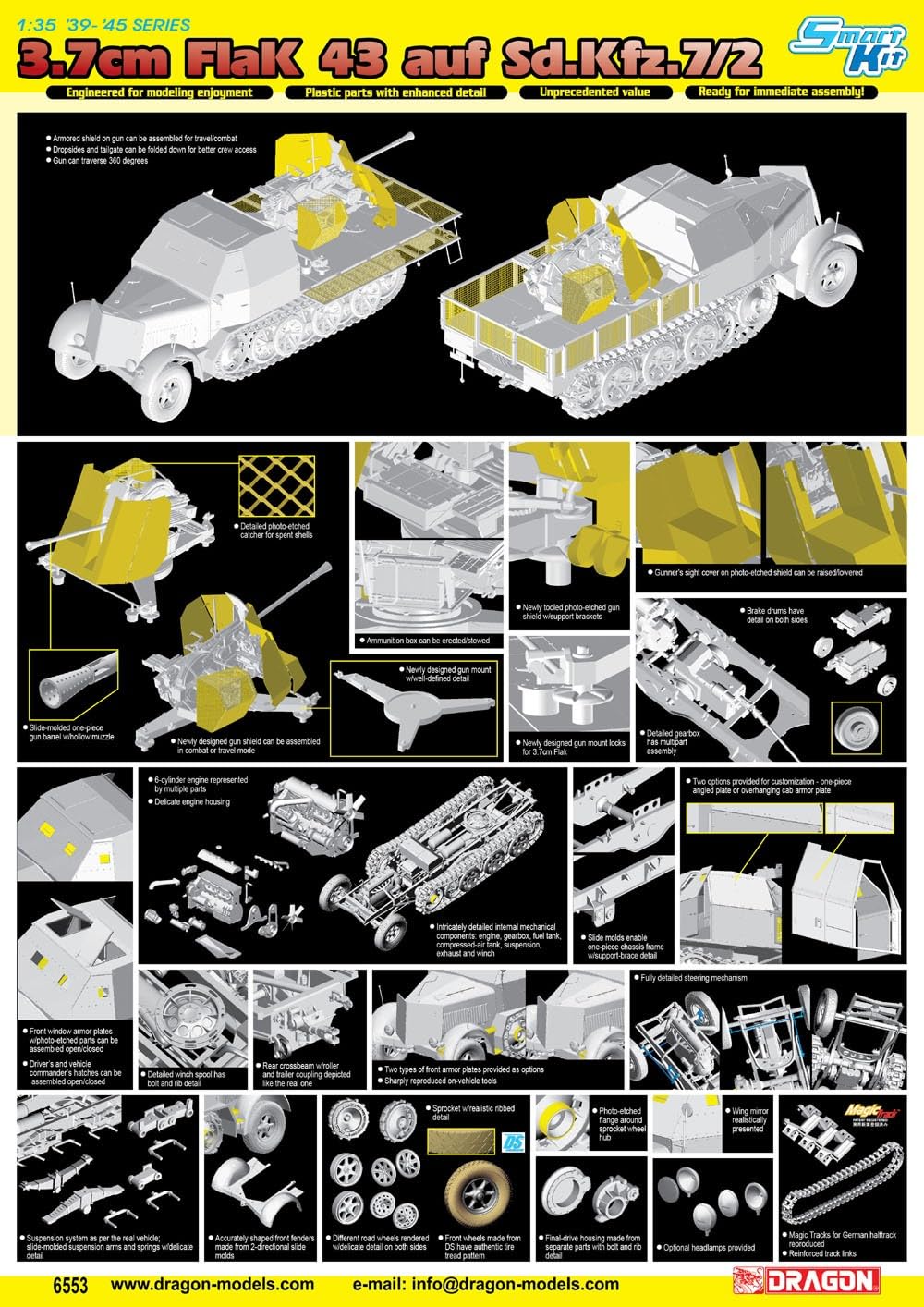 Dragon Models Sd.Kfz.7 with 3.7cm FlaK 43 auf SELBSTFAHRLAFETTE Smart Kit (1/35 Scale), Green - Image 2
