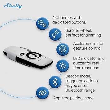Shelly BLU Remote Control ZB White, Zigbee & Bluetooth Remote Control for Shelly Devices, Multi-Channel Operation, Gesture Control, Beacon Mode, Easy Pairing, Home Assistant