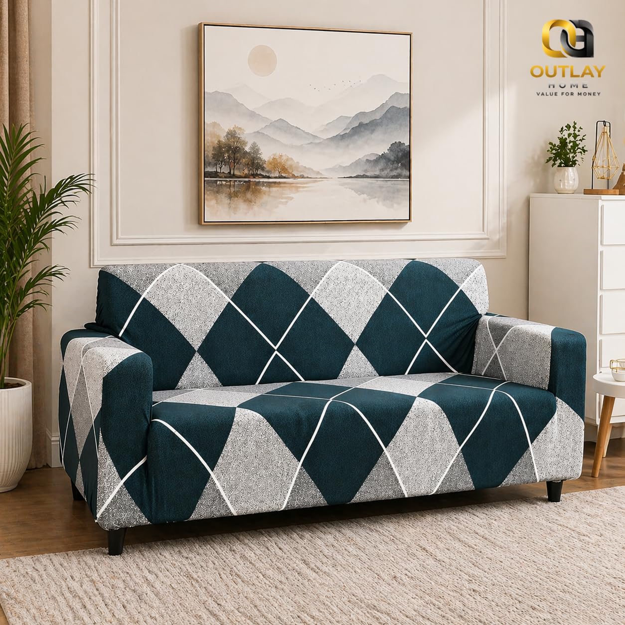 Outlay Home Sofa Cover 3 Seater and 2 Seater Fully Covered Universal 5 Seater Sofa Cover Non-Slip Sticky Elastic Stretchable Sofa Set Slipcover Protector for (3+1+1 Seater) (Blue Lining)