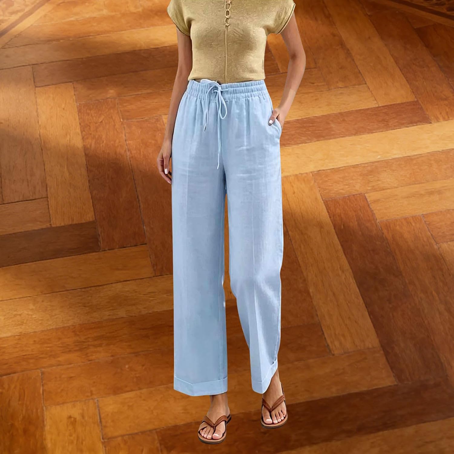 Womens Cotton Linen Wide Leg Pants High Waisted Casual Palazzo Trousers with Pockets Summer Drawstring Beach Pants