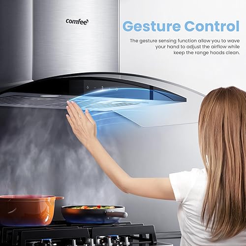 Miniatura 3 de Comfee - Campana extractora de vidrio curvada de 36 pulgadas, 450 CFM, 3 velocidades de detección de gestos y panel de control táctil, de acero