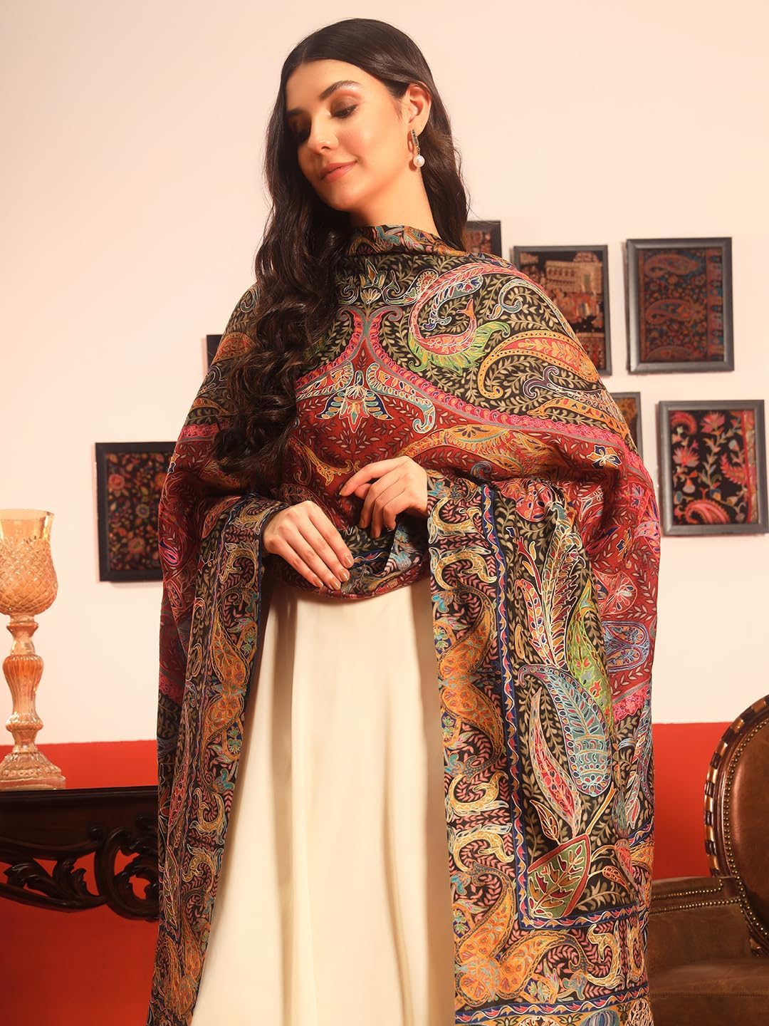 Pashmoda Women's Daastaan Fine Wool Fabric Pashmina Kalamkari Embroidered Scarf (Size : 40x80 inch, 101x203cm) image 4