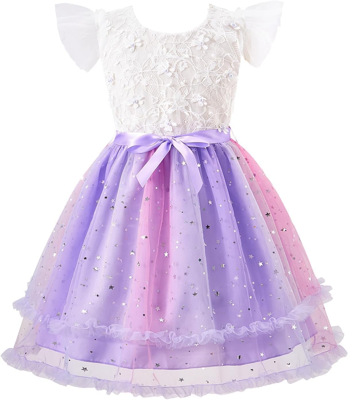 Girls Princess Dress, Kids Flutter Sleeve Lace Tulle V-Back Dress, Wedding Graduation Formal Birthday Party 3-10 Y