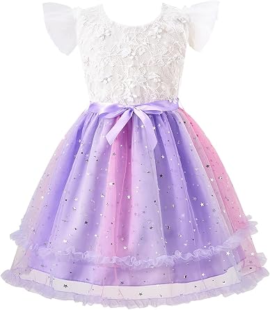 Girls Princess Dress, Kids Flutter Sleeve Lace Tulle V-Back Dress, Wedding Graduation Formal Birthday Party 3-10 Y