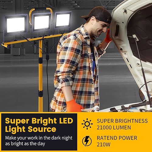 Miniatura 6 de Luces de trabajo de 21000 lúmenes con soporte, 3 luces de trabajo LED de cabeza ajustables, con soporte de trípode ajustable y plegable, lámpara