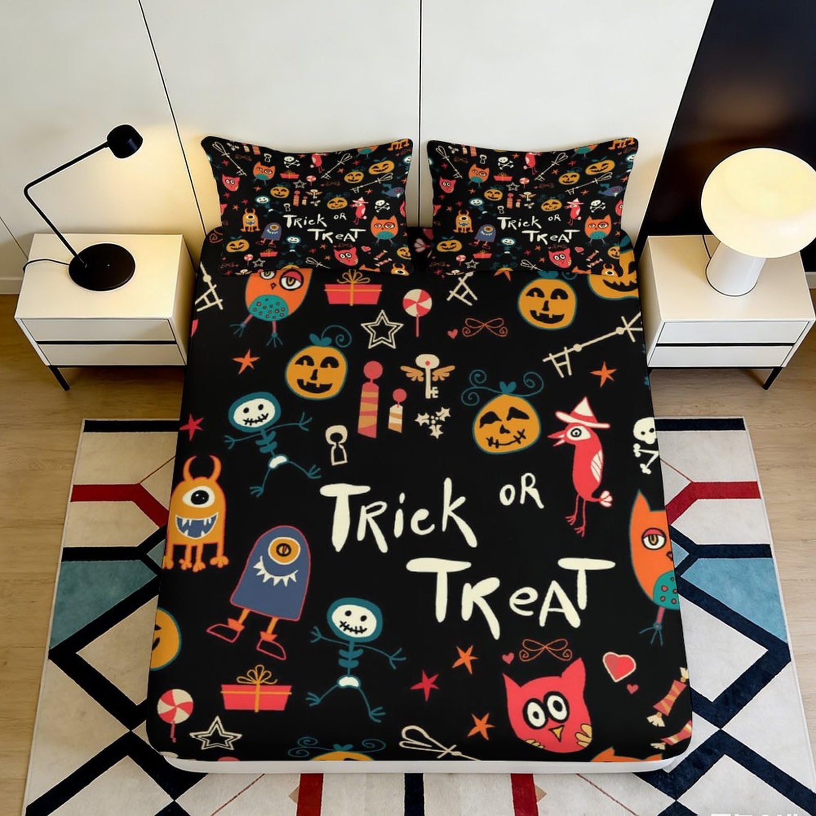 3D Printed Halloween Cartoon Fitted Sheet Microfiber Soft Black Pumpkin Skeleton Bed Cover for Bedroom Dorm Decor 90x200x25cm