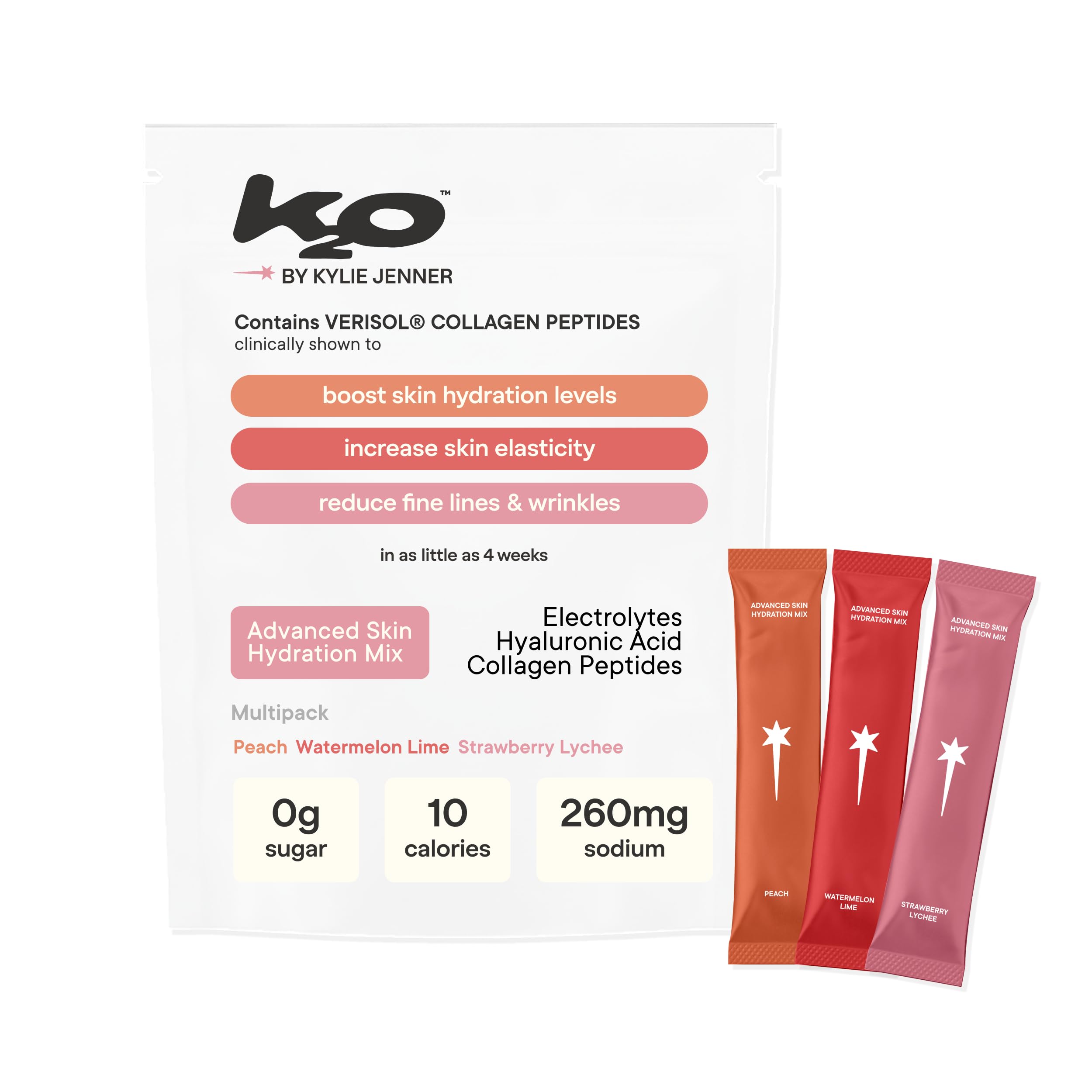 k2o by Kylie Jenner Advanced Skin Hydration Mix with Electrolytes, Hyaluronic Acid & Verisol Collagen Peptides - Clinically Shown to Boost Hydration & Reduce Wrinkles (Variety Pack)