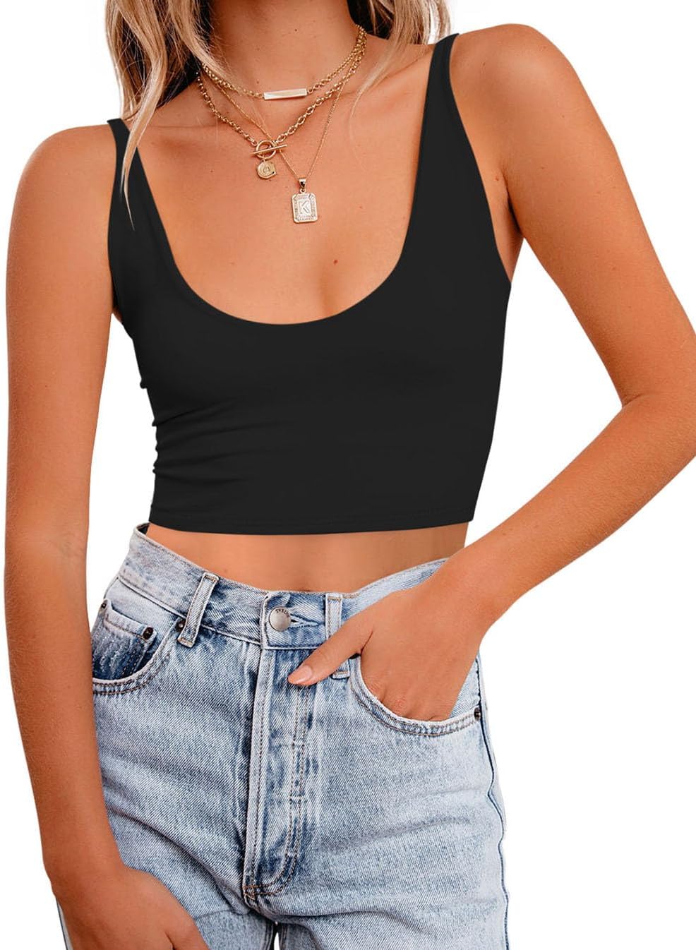 REORIA Butsmooth® Women's Basic Sexy Deep Scoop Neck Double Lined Seamless Sleeveless Cropped Cami Tank Yoga Crop Tops - Image 4