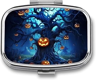 Pill Box 2 Compartment Metal Medicine Pill Organizer Halloween Pumpkin Tree Blue Pill Case for Purse Or Pocket Cute Mini Portable Pill Holder Travel Pill Container to Hold Supplements
