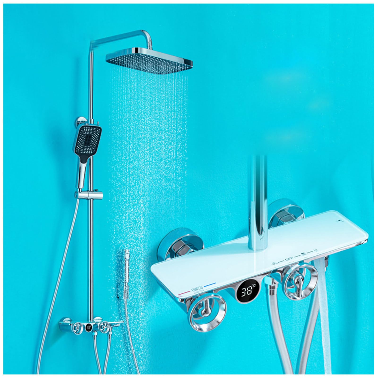 Colonne de douche thermostatique chromée avec pommeau pluie et bidet intégré