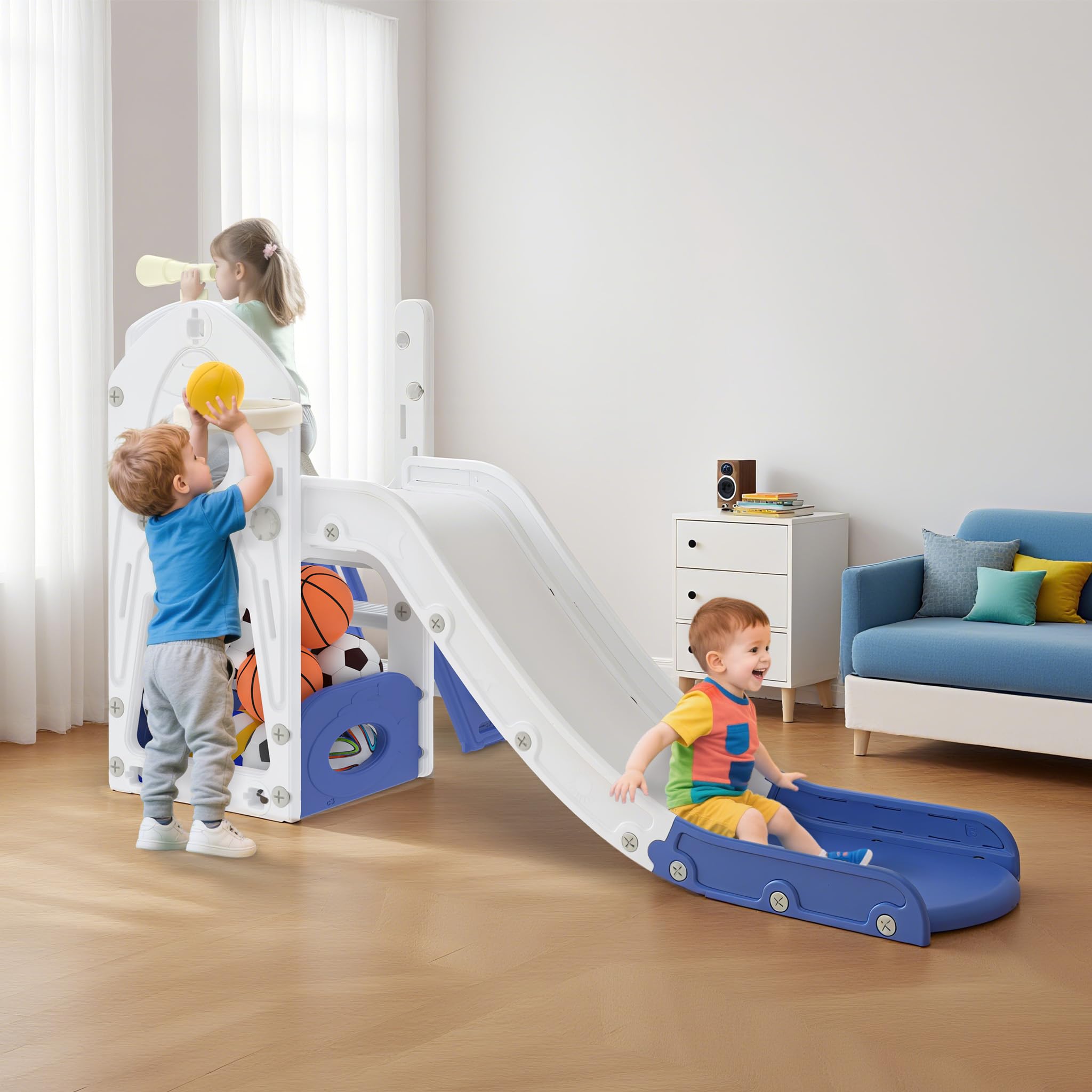 UISEBRT Scivolo per bambini con scaletta da arrampicata, spazio di archiviazione, cestino da basket e telescopio da gioco, scivolo per bambini in HDPE e PP, autoportante, per interni ed esterni, 5 in
