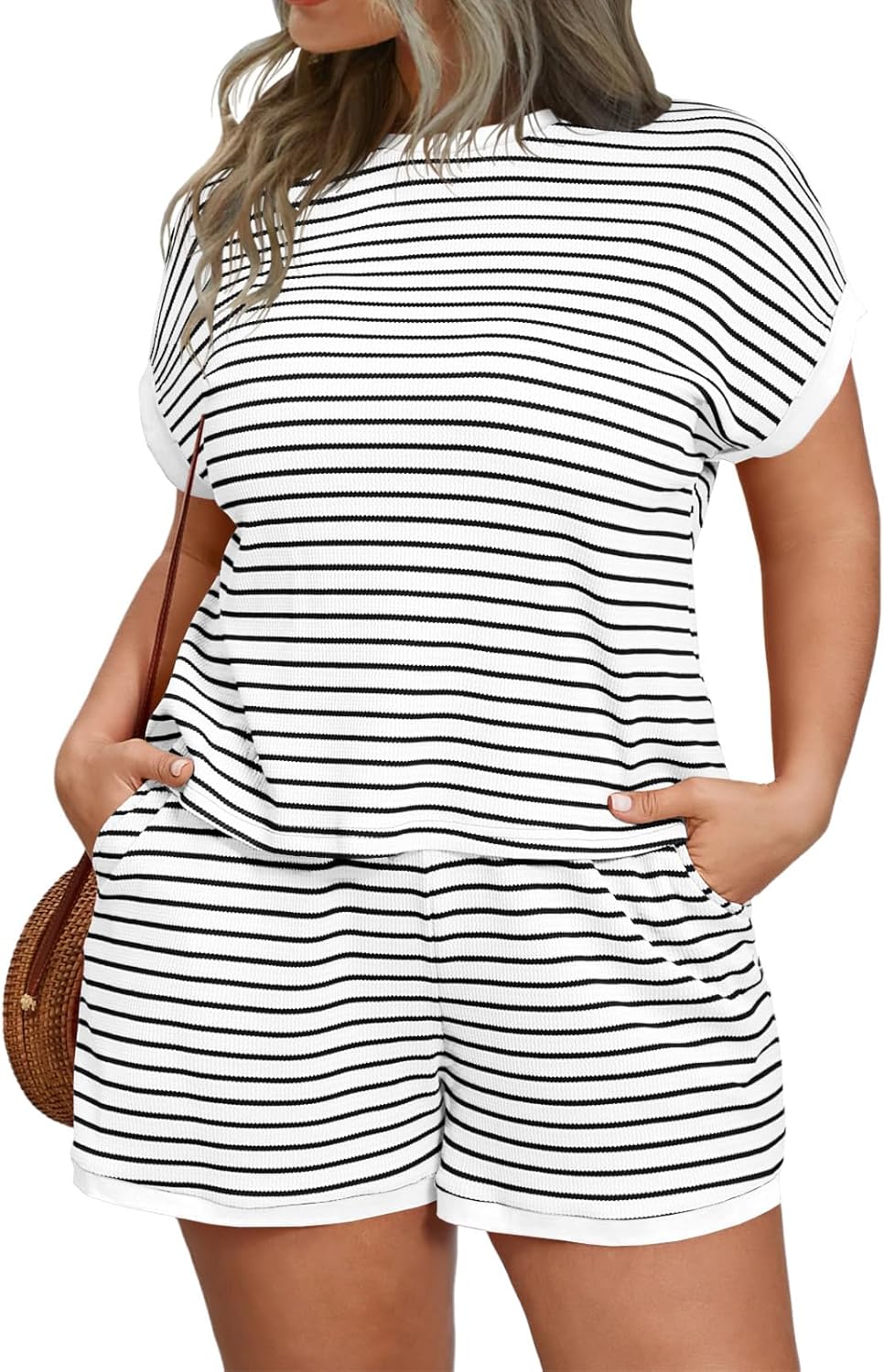 Beautife Womens Plus Size Lounge Set 2 Piece Outfits Stripe Short Sleeve Shirts Tops Shorts Summer Casual Loungewear White