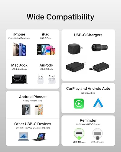 Miniatura 6 de Belkin Cable USB C a USB C, 3.3 pies, 240 W - Cargador tipo C, cable de carga para iPhone, suave, trenzado, flexible para iPhone 17, Galaxy S25,