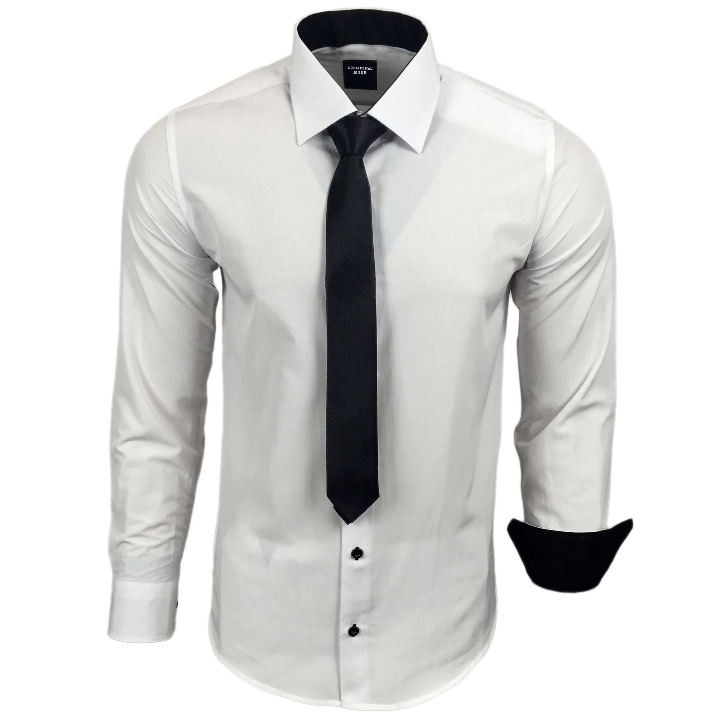 Subliminal Mode – Camisa para hombre de manga larga con cuello bicolor liso + corbata negra, camisa ajustada para negocios, planchado fácil RN77