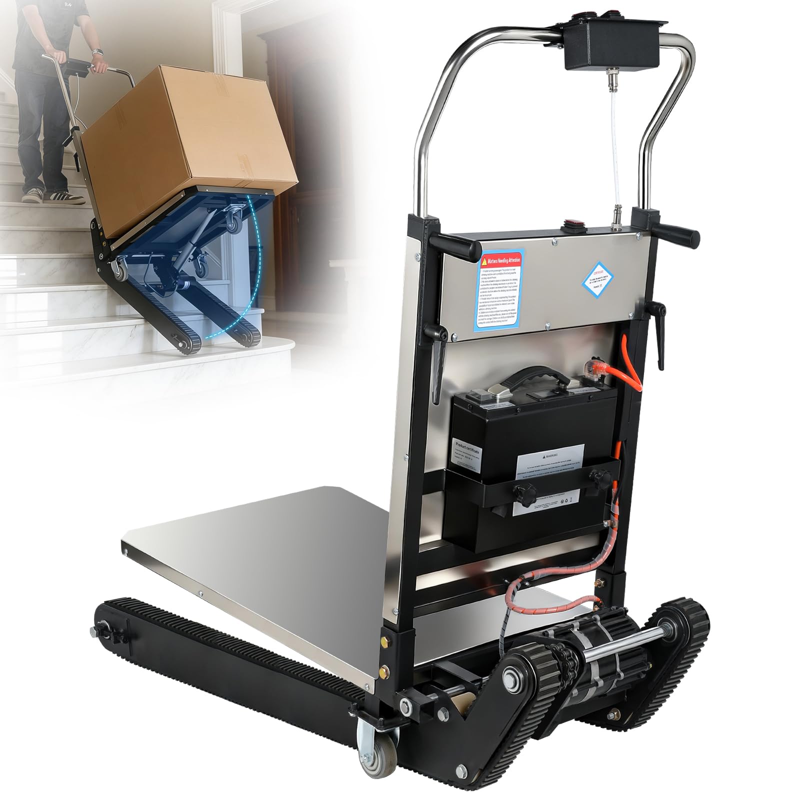 Carrello saliscale elettrico da 1200 W con catene migliorate e ripiano regolabile in altezza, batteria al litio, fino a 400 kg con corda di sicurezza, saliscale per carichi pesanti per magazzino e
