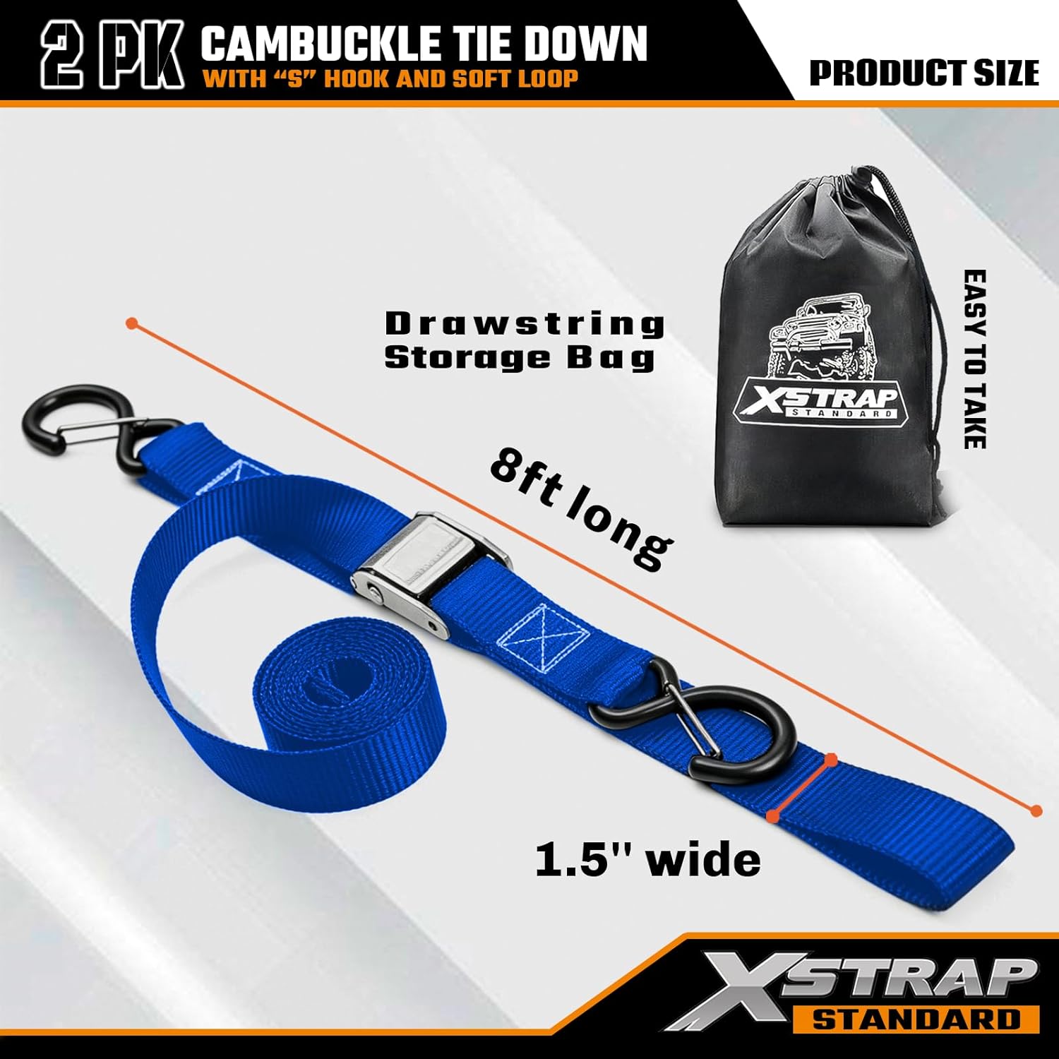 XSTRAP STANDARD 2-Pack Heavy Duty Tie Down Straps, 1.5" x 8ft, 3000lb Break Strength with S Hooks & Soft Loops for Motorcycle, ATV, Kayak, Boat, Truck Accessories - Blue