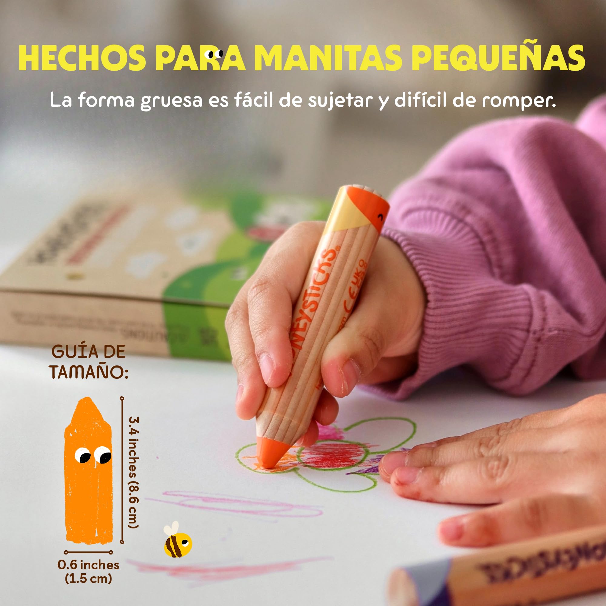 Honeysticks Little Learner Lápices de Colores de Cera para Niños Jumbo, Pack de 8 – Mis Primeros Lápices con Núcleo de Cera de Abeja No Tóxica, Fácil Agarre, Colores Vivos, Para Niños de 1 a 4 Años