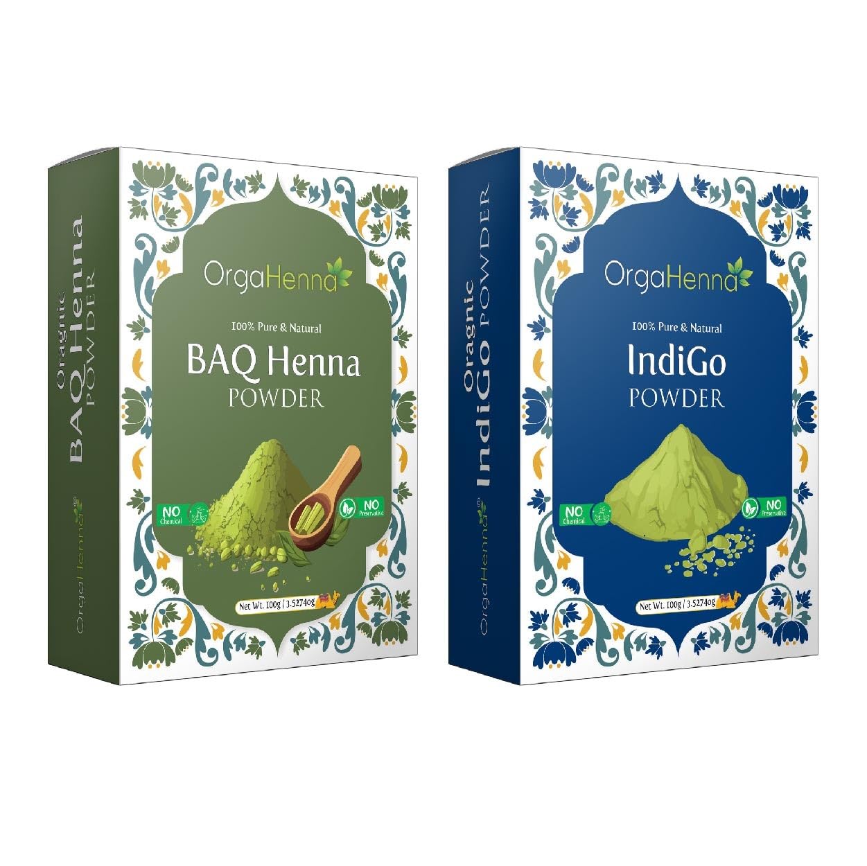 Orgahenna BAQ Henna & Indigo Powder Hair Pack Combo | 100g Each | 100% Pure & Natural | Body Art Quality | Herbal Hair Dye | Chemical-Free | Natural Black Hair Color | For Men & Women-image-3