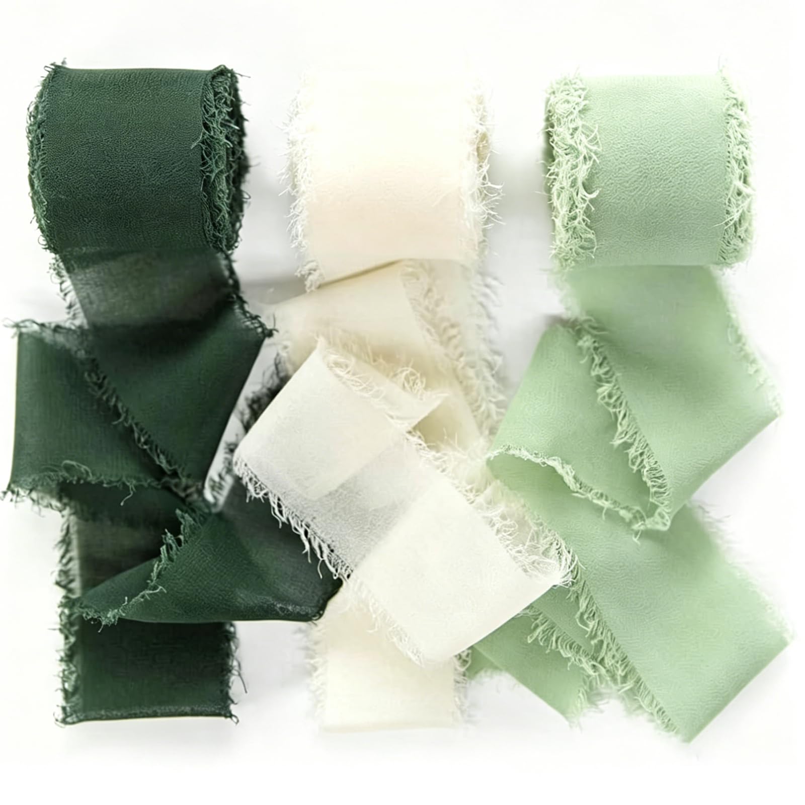 Shensuii Chiffon Silky Ribbon for Crafting, Green and Cream 3 Rolls