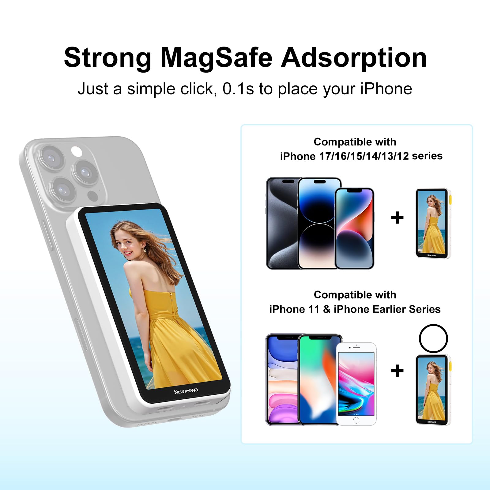 Newmowa magnetischer Handy Selfie Touchscreen Monitor mit Zoom für iPhone | 4K 30fps kabellose Aufnahme nur für iPhone 15/16/17, 4" Handy Selfie Bildschirm für Vlog, TikTok, Weiß