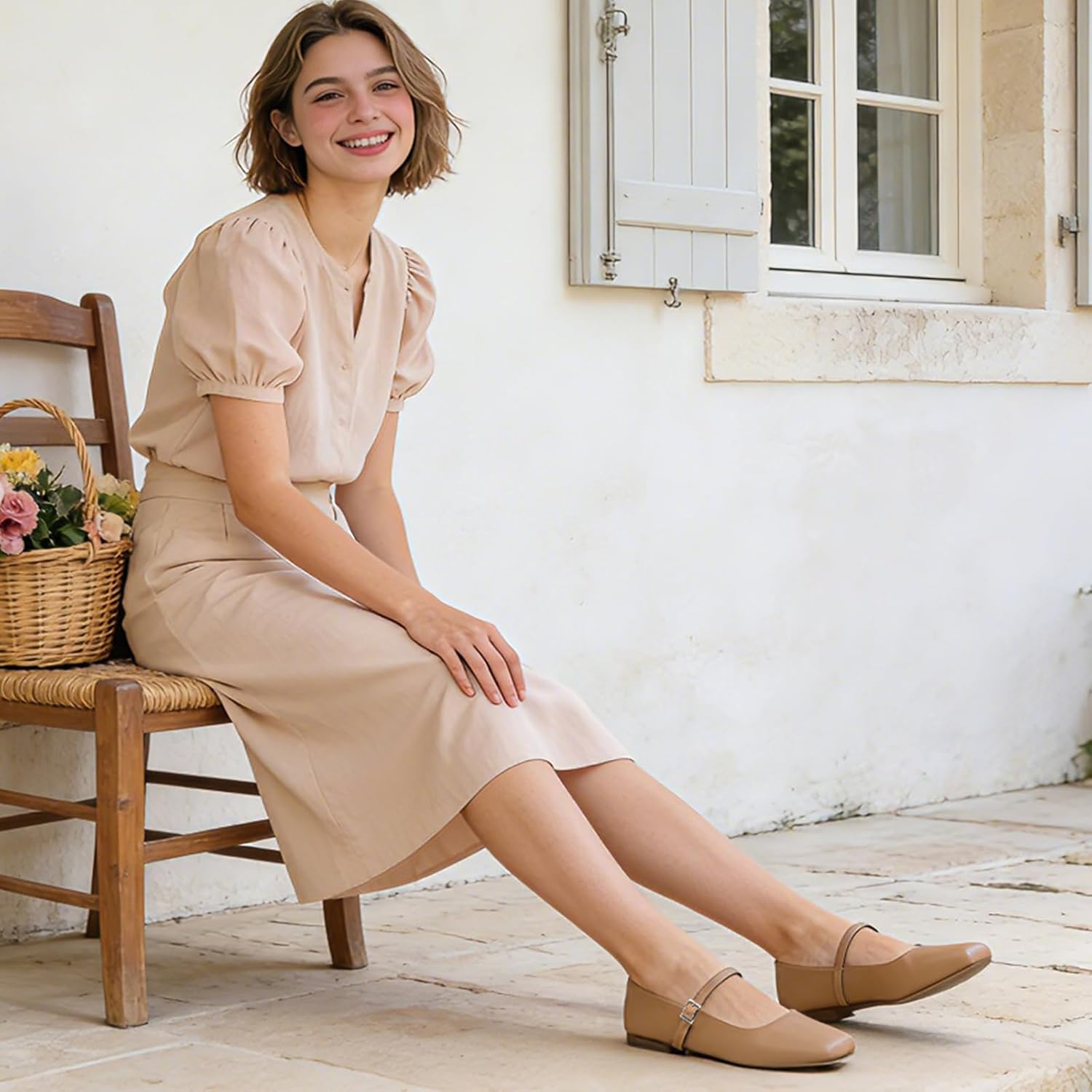 Women's Square Toe Mary Jane Ballet Flats Shoes with Adjustable Strap, Slip On Comfortable Work Flats, Soft Leather Dressy Shoes - Image 2