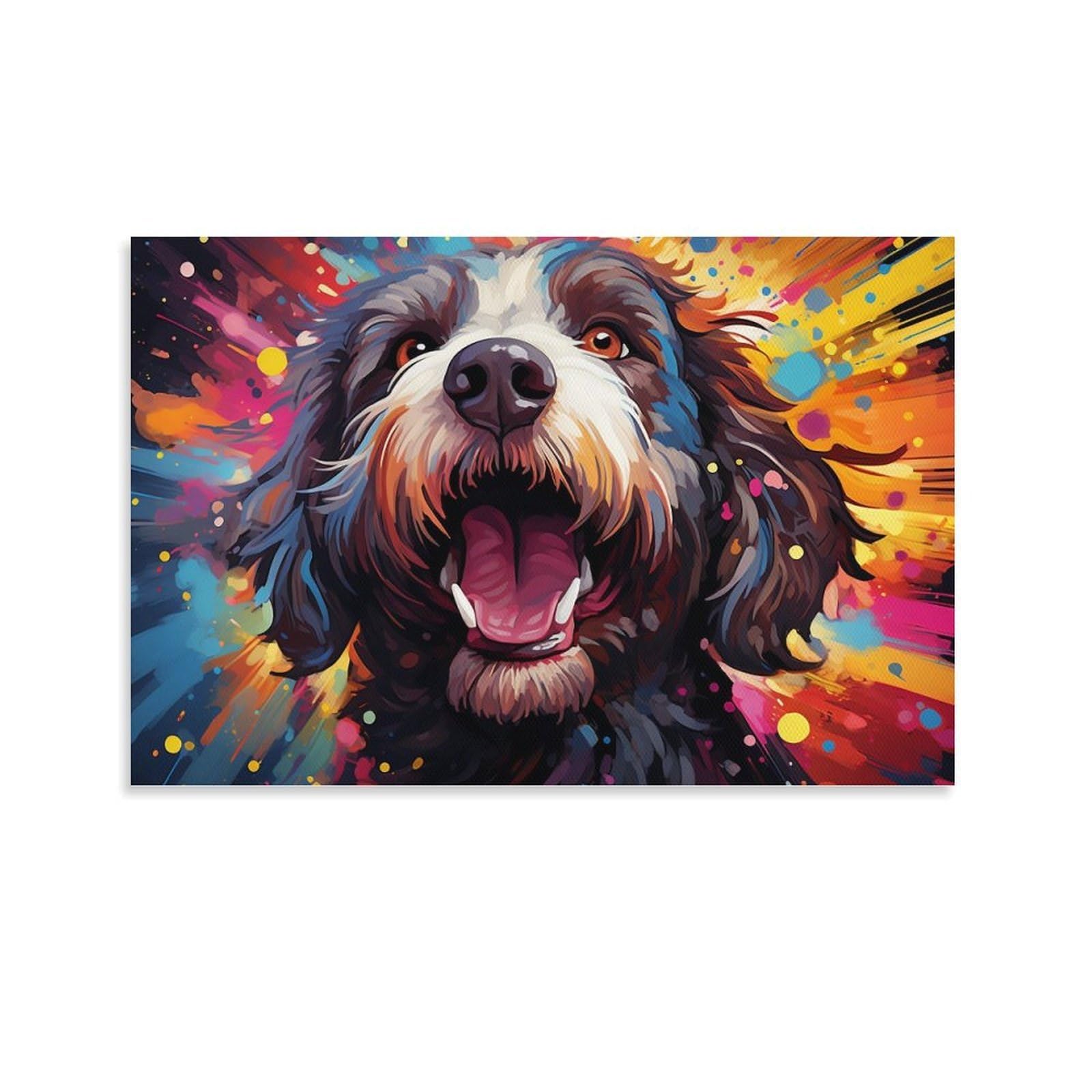 CPLVKWRQJ Bright Magical Colorful Single Piece Happy Dog with Colorful Splash Background Canvas Wall Hanging - Nursery Space Saving Removable Ready to Hang Decor 12x18inch(30x45cm)