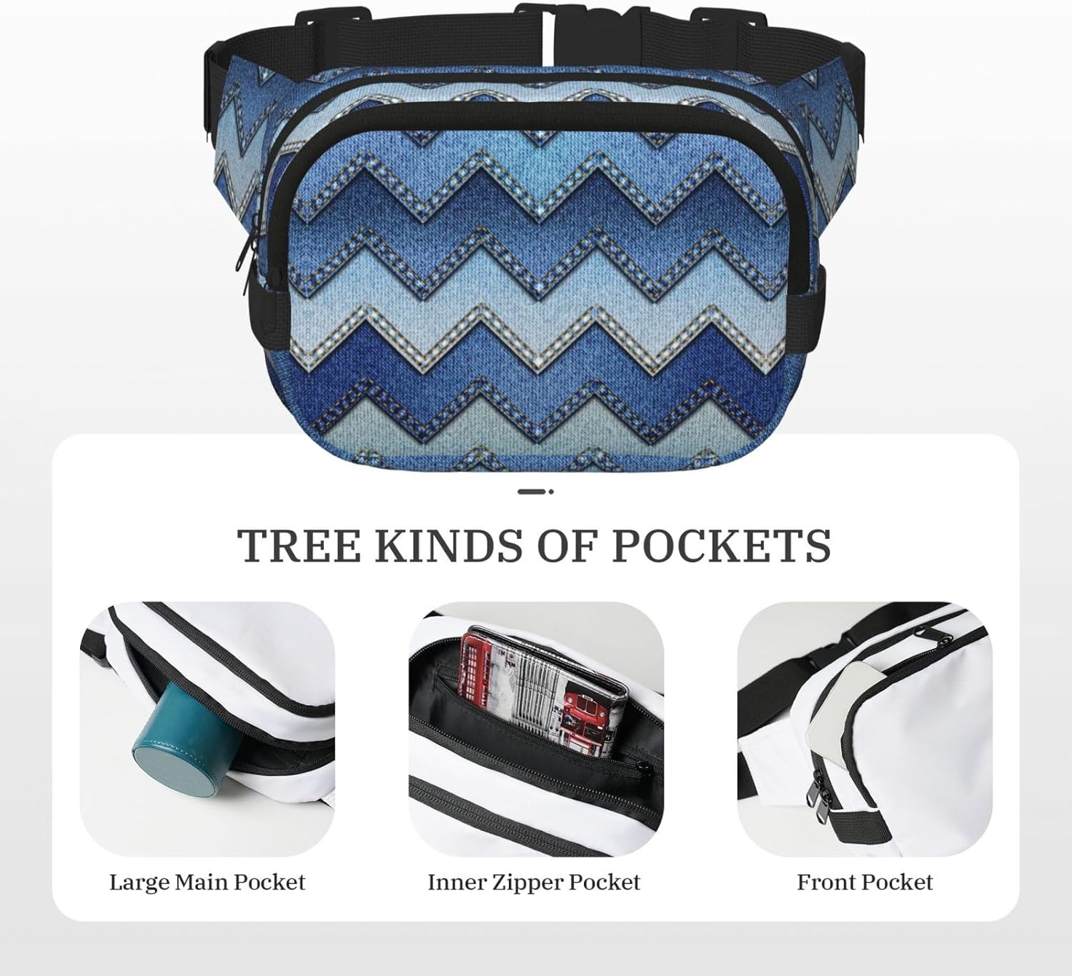 Gradient Blue Denim Fanny Pack Belt Bag For Women And Men, Fashionable Waist Pack For Traveling, Hiking