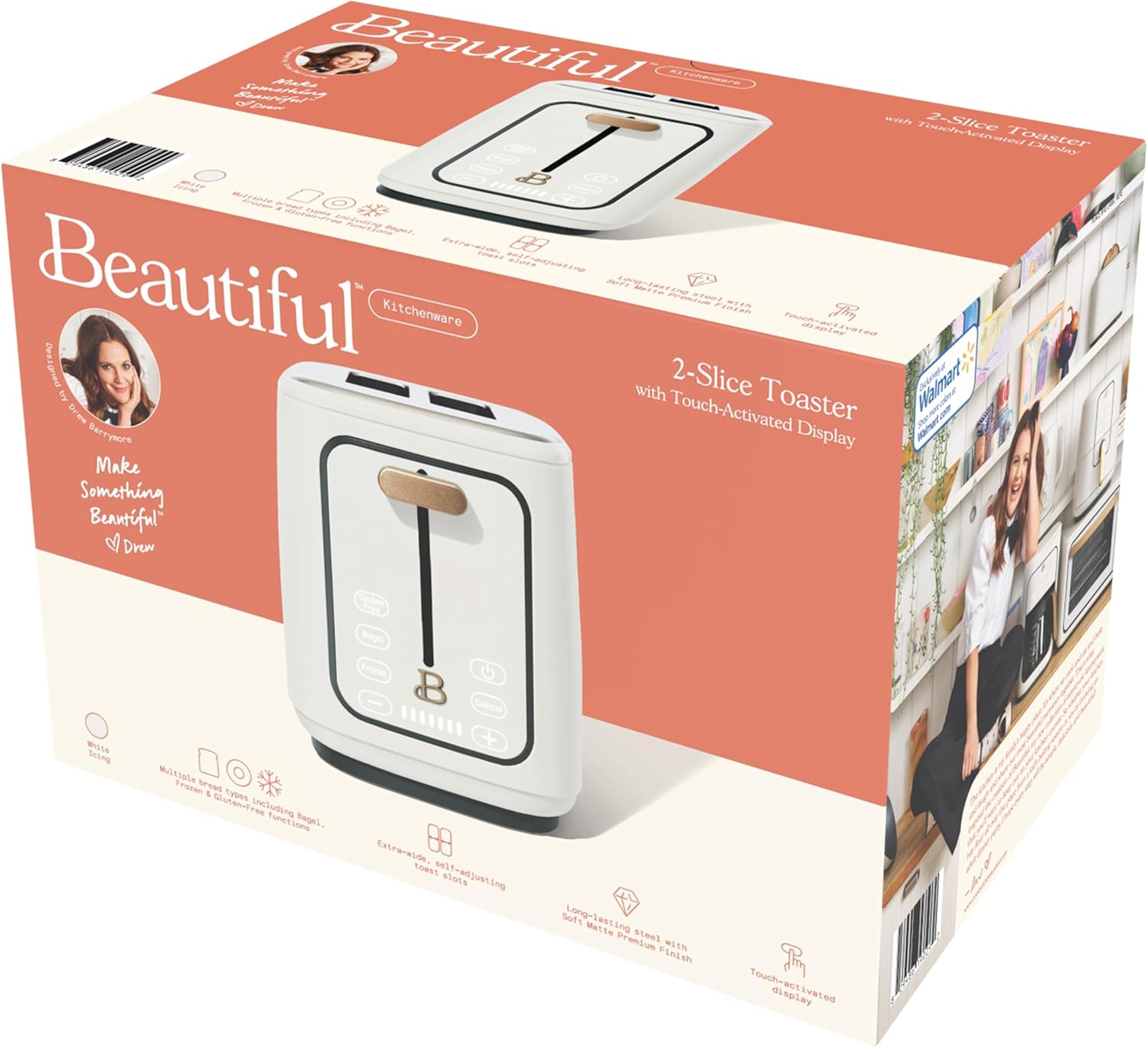 Beautiful Drew Barrymore 2 Slice Toaster, Touch-Activated Display, White Icing