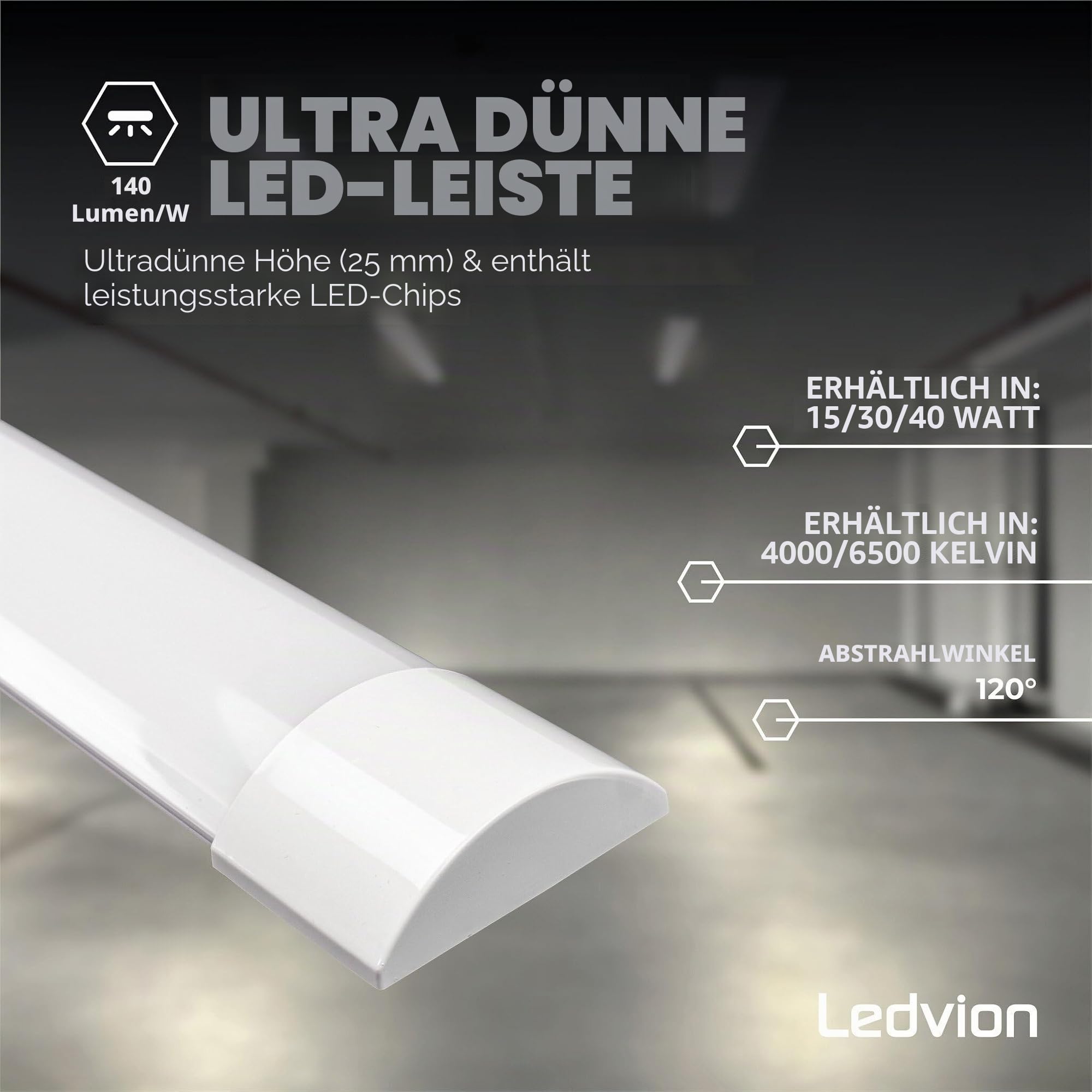 Ledvion - 5er Set, Feuchtraumleuchte LED, 60cm, IP20, 15W, 2400 Lumen, Neutralweiss, 4000K, Koppelbar, garagenbeleuchtung, werkstattbeleuchtung, kellerleuchte, deckenleuchte