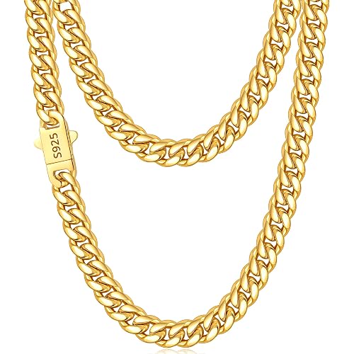 7mm Cuban Chain 18K Gold Plated 925 Sterling Silver Chain Necklace for Men, Stainless Steel Sturdy Mens Chains Necklace, 18 20 22 24 26 Inch