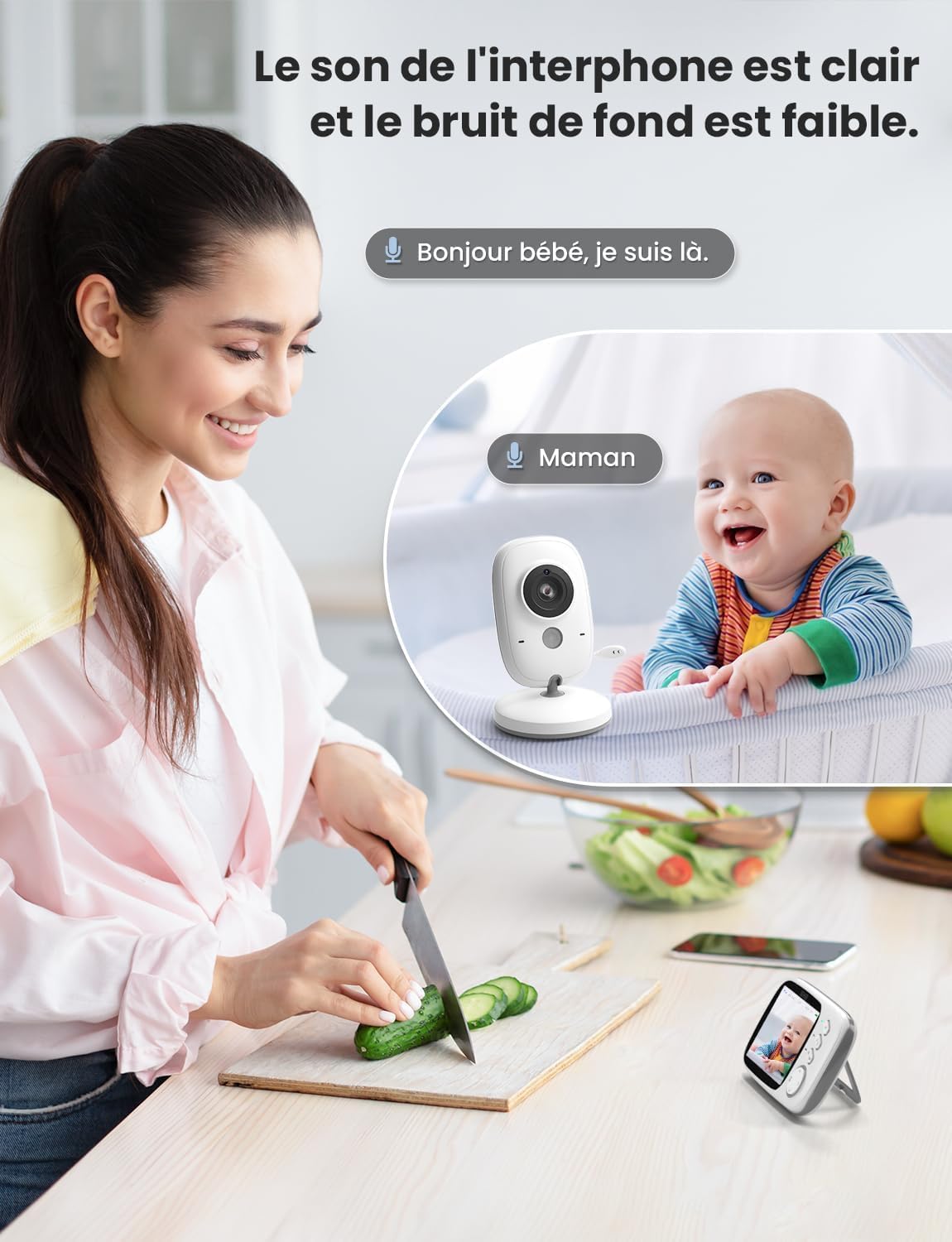 Woman using two-way talk feature on GHB baby monitor