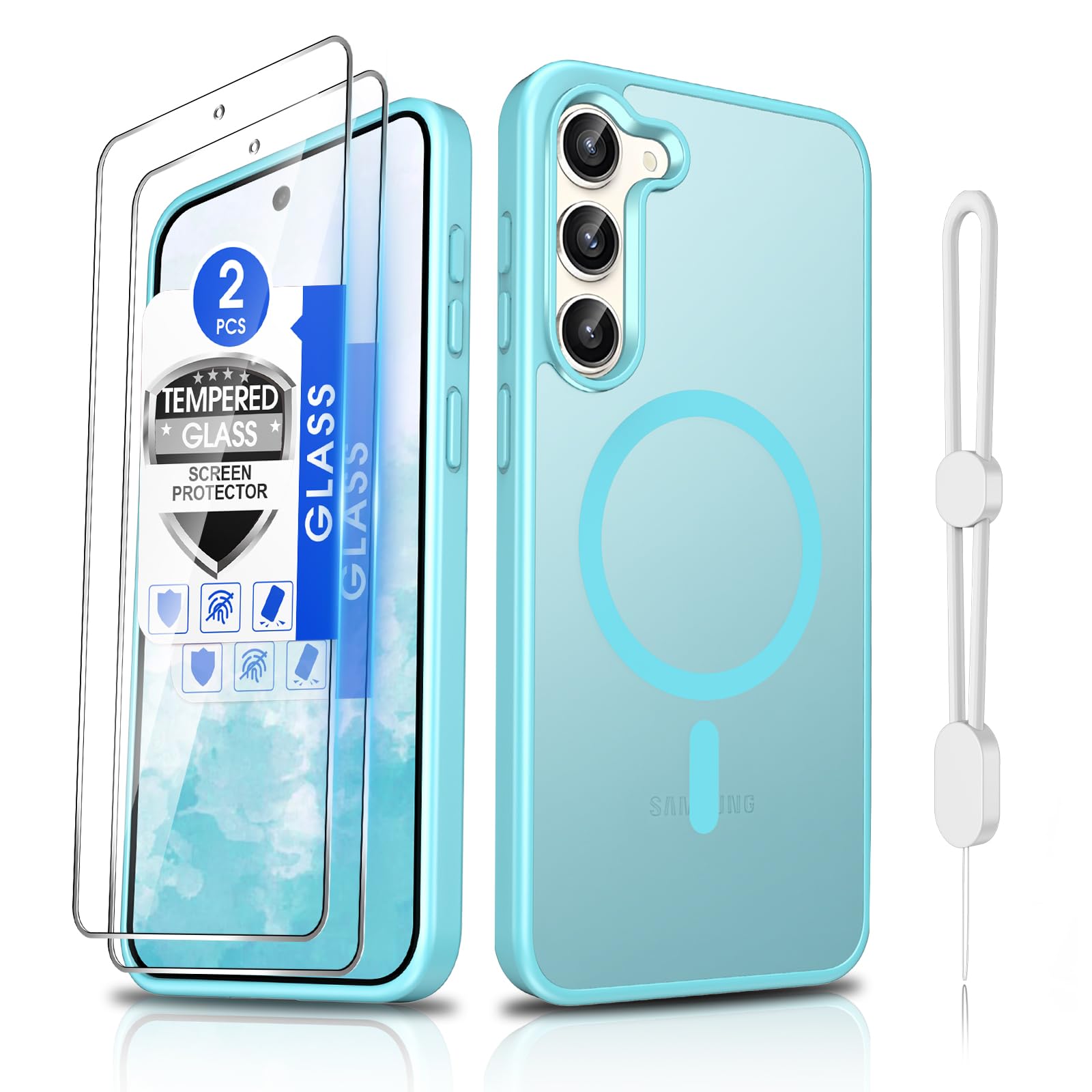 Dizn Magnetic for Samsung Galaxy S23 Case:[Not Fit S23+],with 2 Pack Tempered Glass Screen Protector,Compatible with MagSafe, with Strap,Matte Translucent Cover &amp; Military Grade Protection S 23,Teal