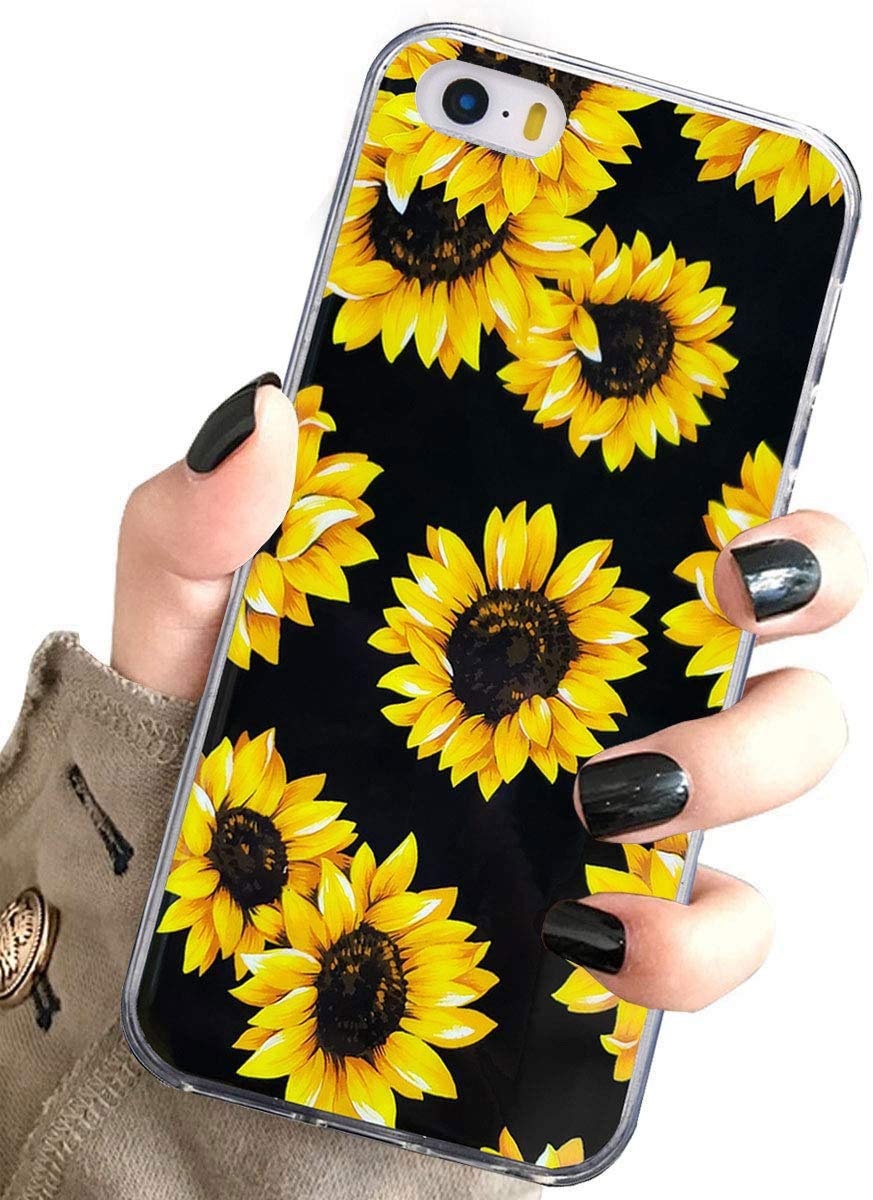 J.west iPhone 5S Case, i5 Case,iPhone SE Case, Vintage Floral Cute Yellow Sunflowers Black Soft Cover for Girls/Women TPU Silicone Slim Design Pattern Protective Case for iPhone 5 5S SE Sunflower
