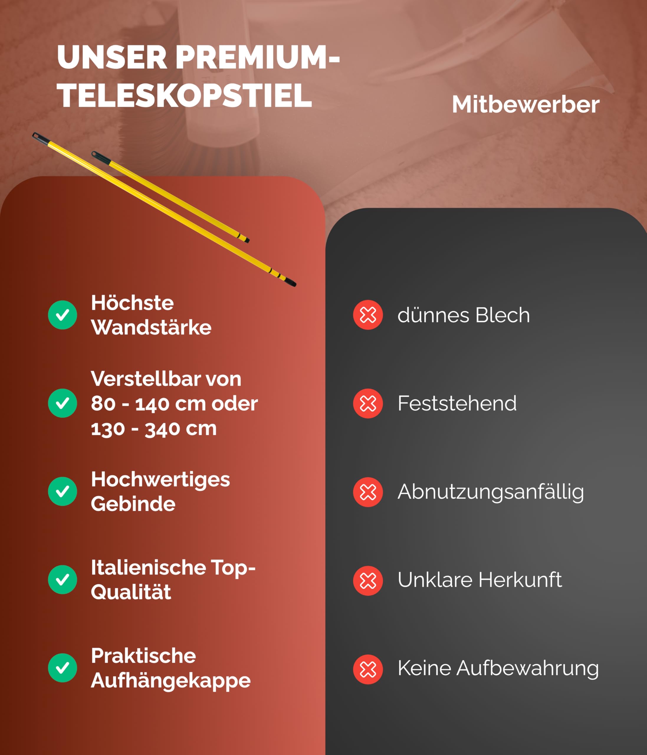 FRITZE® Teleskopstiel Gelb (80–140 cm) – Stabiler Besenstiel aus Metall mit Drehkappe und Aufhängeloch – Längenverstellbar für Krallenbesen und Zubehör – Für Haus und Garten
